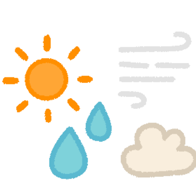 stylized drawing of a sun, wind, water droplets and a cloud